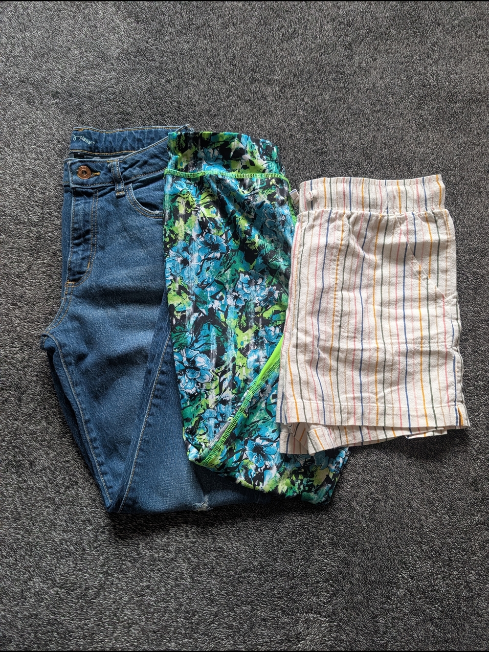 Three-Piece Girls Bottoms  Bundle - Distressed Jeans, Leggings, Striped Shorts